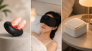 Sleep Support Bundle lifestyle — Lucent Air Halo, Smart Sleep Mask, and White Noise Machine on nightstands