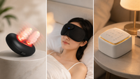 Sleep Support Bundle lifestyle — Lucent Air Halo, Smart Sleep Mask, and White Noise Machine on nightstands